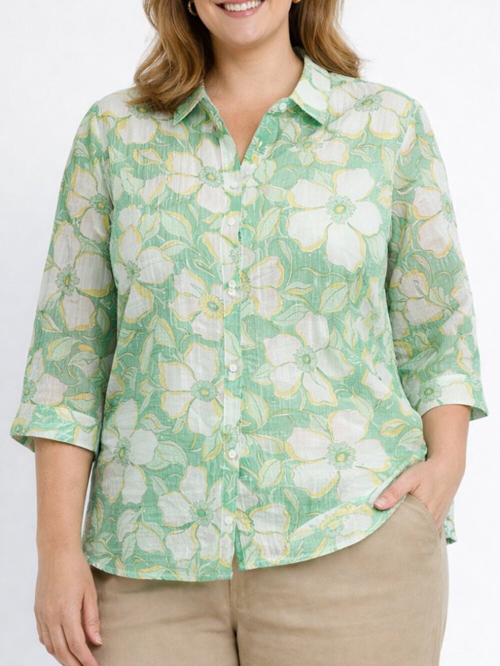 Alfred Dunner Green White Floral Semi Sheer Button Down 3/4 Sleeve 18W Blouse